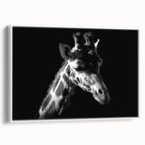Framed canvas wall art showcasing a detailed side view of a giraffe against a white background, ideal for adding a touch of wildlife elegance to home decor.