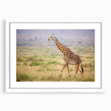 Giraffe-themed wall art framed with a white mat, showcasing a vibrant design ideal for animal lovers, perfect for home decor or gifts.