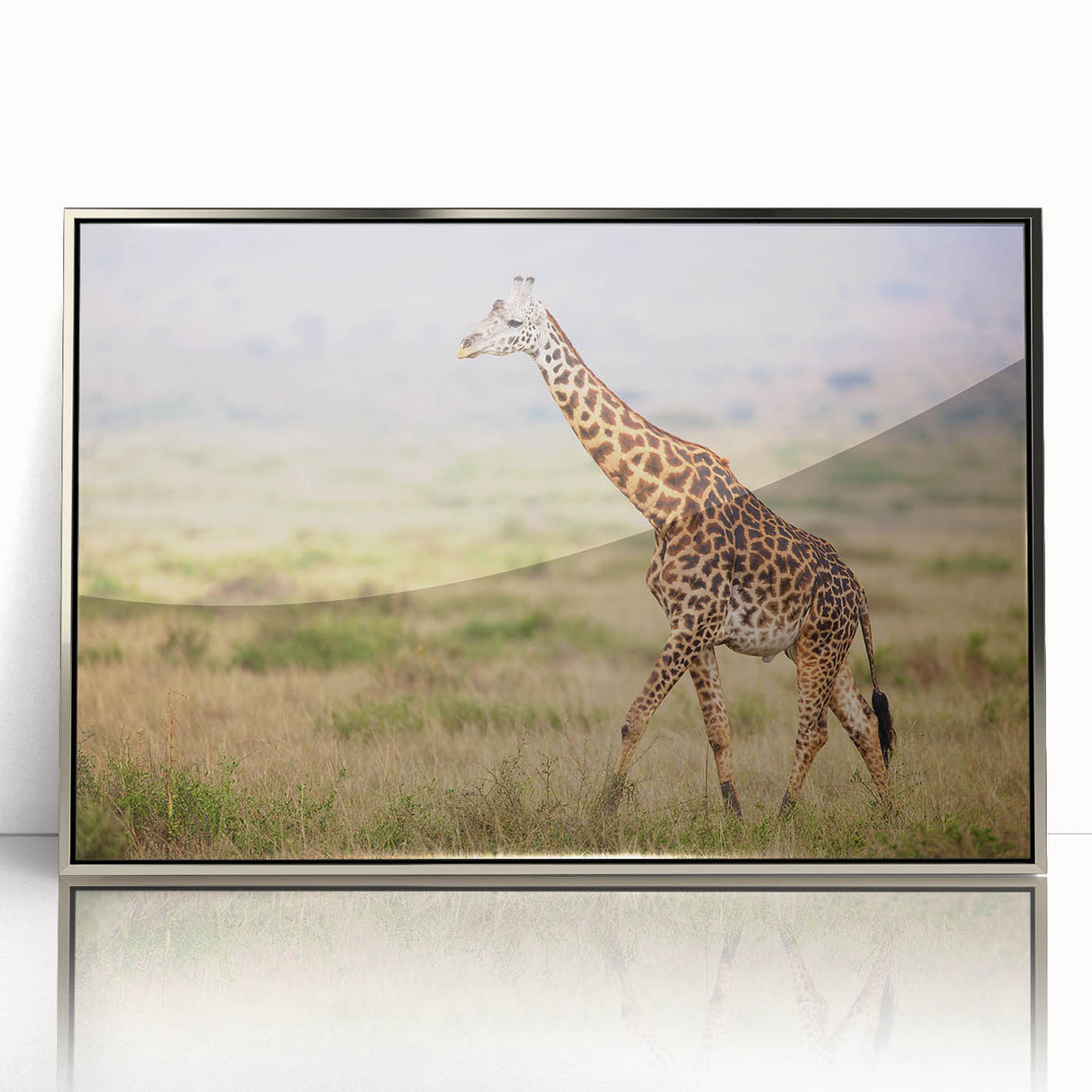 Framed wall art showcasing a stunning giraffe design in vibrant colors, featuring a silver-acrylic frame that enhances a modern decor aesthetic. Ideal for animal lovers.