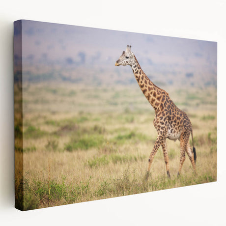 Stretched canvas wall art depicting a side view of a vibrant giraffe in a natural setting, showcasing detailed textures and colors ideal for wildlife enthusiasts.