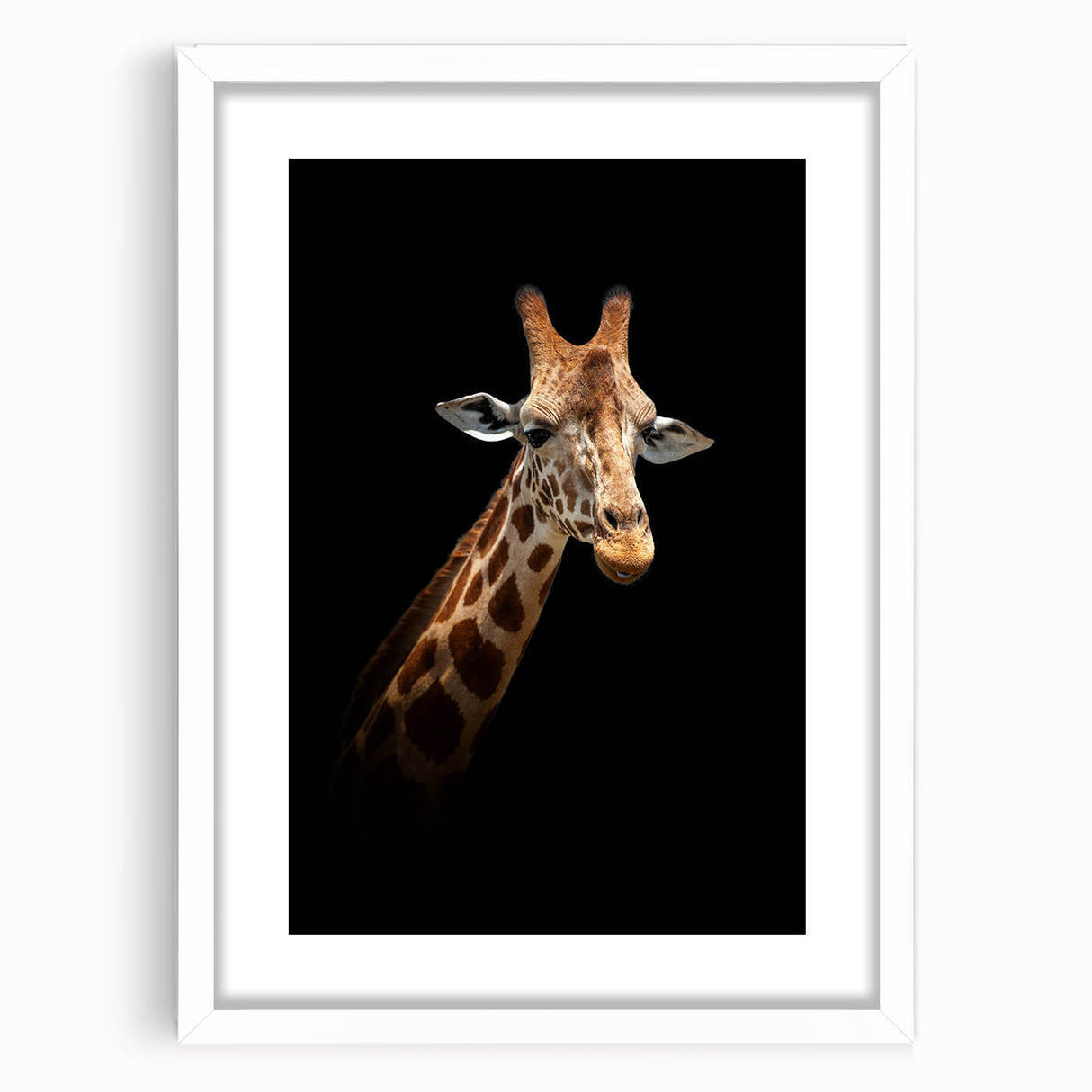 Framed wall art showcasing a vibrant giraffe design in a contemporary style, featuring a white mat and sleek frame, perfect for animal-themed decor.