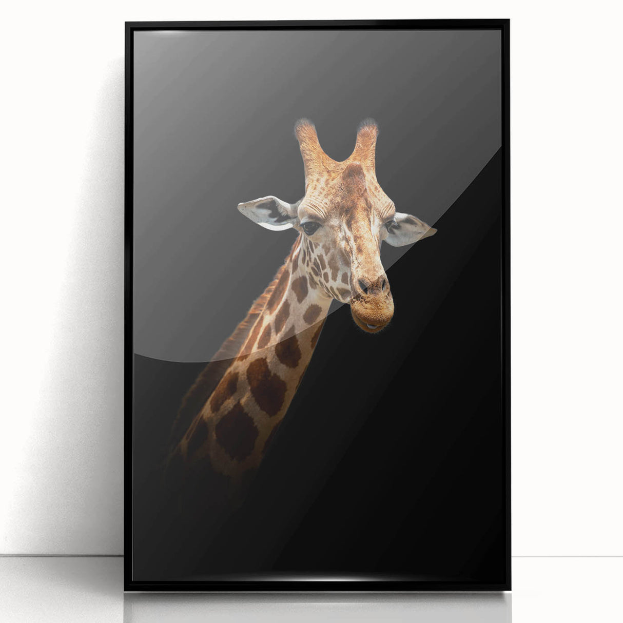 Framed wall art featuring a striking giraffe design against a black background, showcasing intricate details and vibrant colors, perfect for animal lovers and home decor enthusiasts.