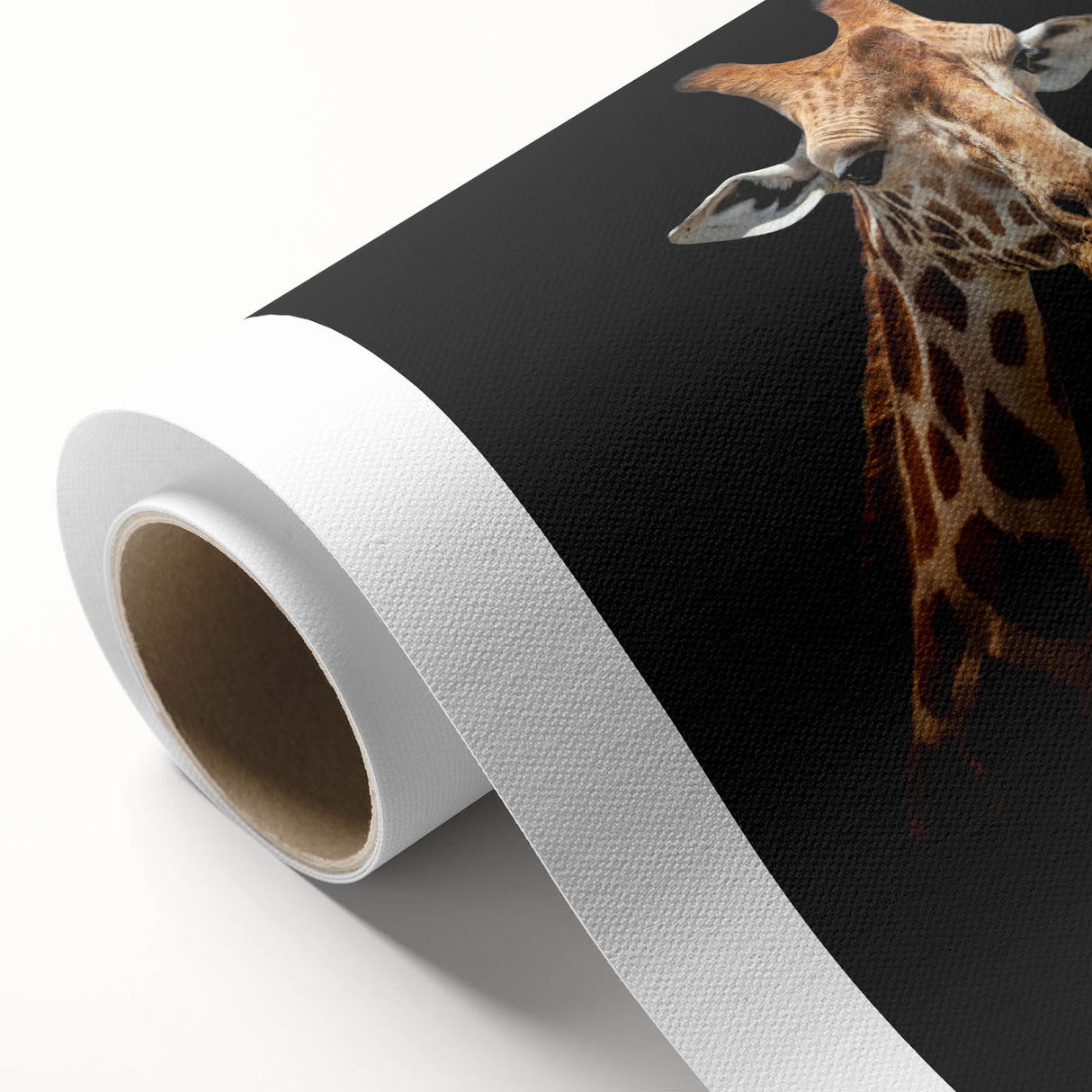 Giraffe-themed wall art design on rolled canvas showcasing vibrant colors and intricate details, ideal for wildlife enthusiasts and home decor. Perfect for adding a touch of nature-inspired elegance to any space.