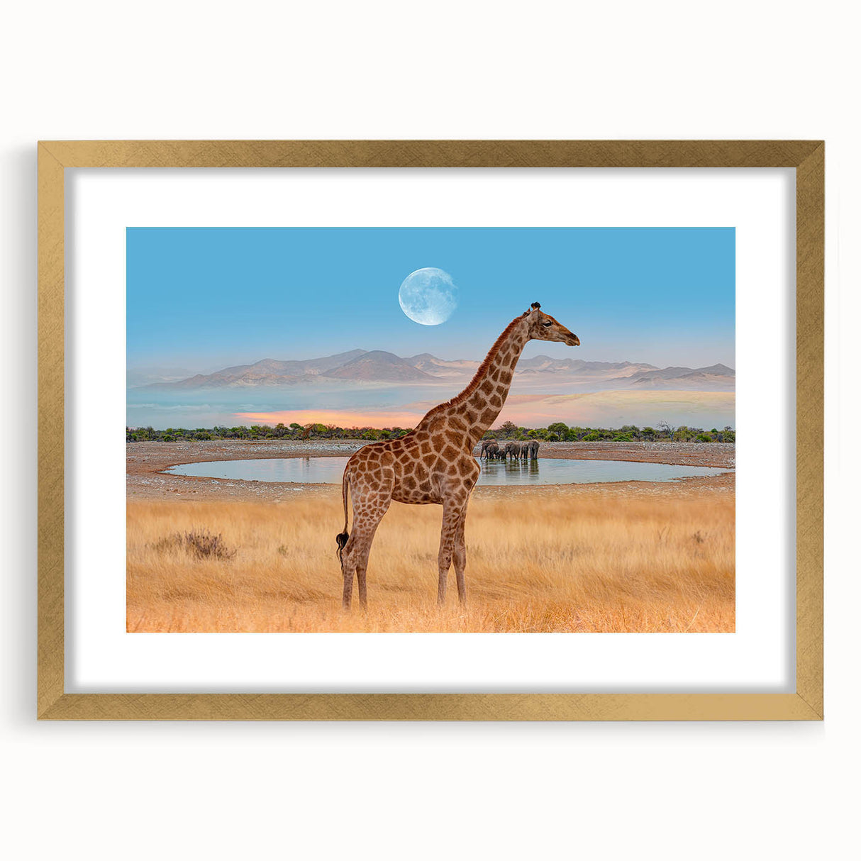 Giraffe-themed wall art design in an elegant frame with a gold finish, showcasing vibrant colors and intricate details, perfect for adding a wild-life touch to home decor.