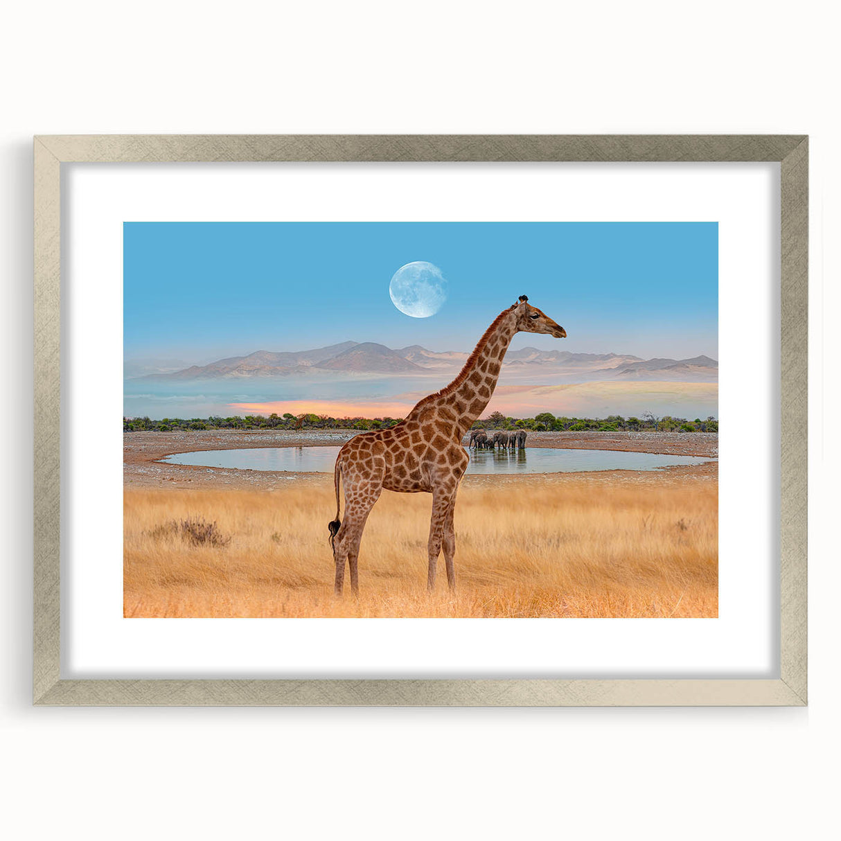 Giraffe-themed wall art collection featuring a silver frame and mat, showcasing a vibrant design that captures the essence of wildlife. Ideal for animal lovers and home decor enthusiasts, enhancing any room's aesthetic with a touch of nature.