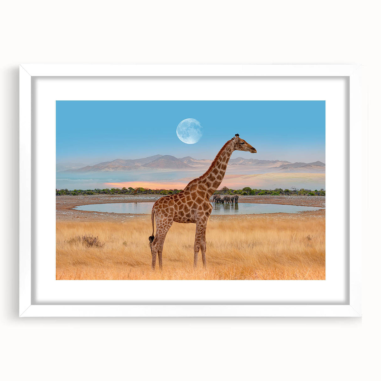 Giraffe-themed wall art in an elegant white frame, showcasing vibrant colors and intricate details, perfect for animal lovers and home decor enthusiasts.