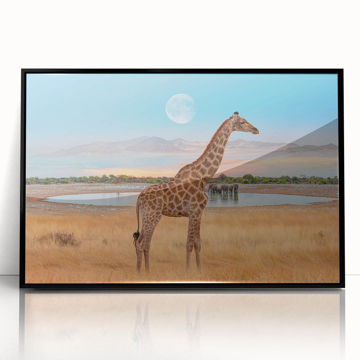 Framed wall art featuring a vibrant giraffe design in black acrylic, showcasing intricate details and colors, perfect for animal lovers and home decor enthusiasts.
