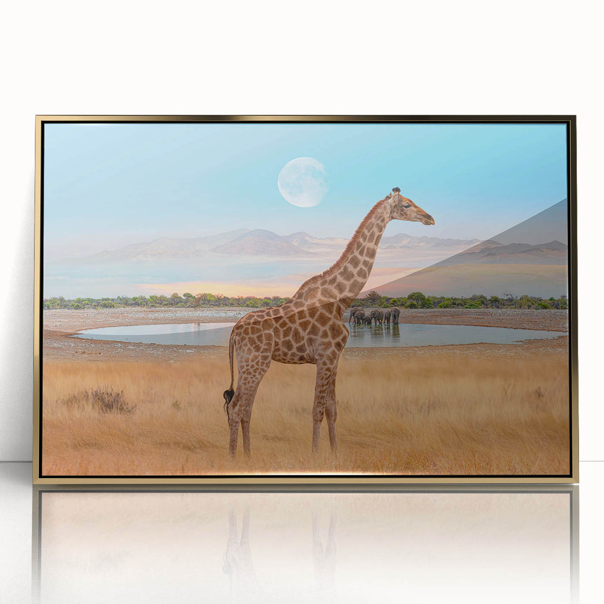 Framed wall art featuring a striking gold-accented design of a giraffe, showcasing its elegant front view against a neutral background, perfect for wildlife enthusiasts.