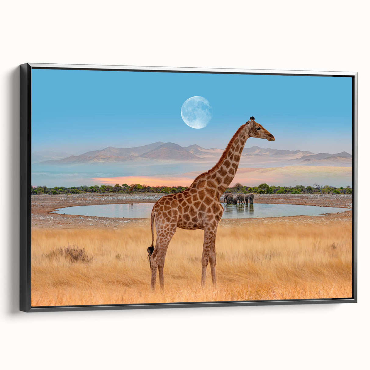 Framed canvas wall art featuring a striking black side view of a giraffe, showcasing its long neck and unique patterns, perfect for animal lovers and home decor enthusiasts.