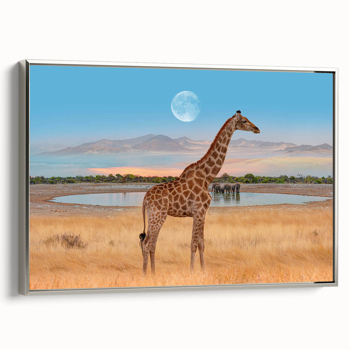 Framed canvas wall art showcasing a side view of a giraffe in a natural setting, featuring vibrant colors and intricate details, perfect for animal lovers' decor.