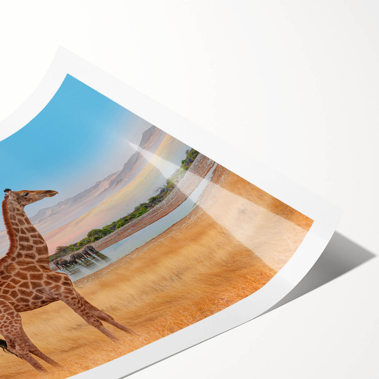 Giraffe-themed wall art print showcasing a vibrant and colorful design, perfect for wildlife enthusiasts. Ideal for home decor or as a unique gift.