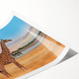 Giraffe-themed wall art print showcasing a vibrant and colorful design, perfect for wildlife enthusiasts. Ideal for home decor or as a unique gift.