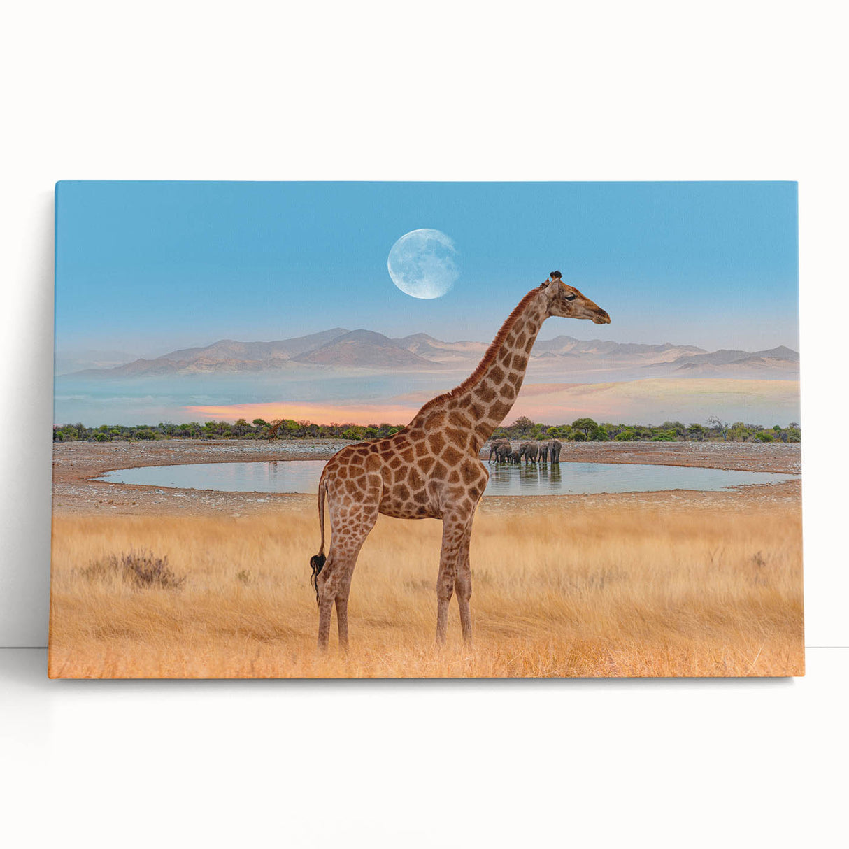 Vibrant giraffe wall art design on stretched canvas, showcasing rich colors and detailed textures, perfect for adding a wildlife touch to home decor.