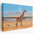 Stretched canvas wall art featuring a side view of a majestic giraffe against a vibrant natural backdrop, perfect for wildlife enthusiasts and home decor.