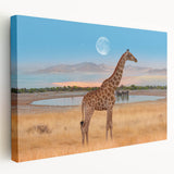 Stretched canvas wall art featuring a side view of a majestic giraffe against a vibrant natural backdrop, perfect for wildlife enthusiasts and home decor.