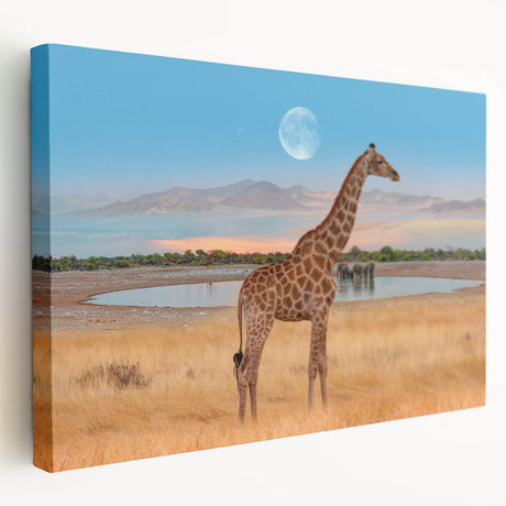 Stretched canvas wall art featuring a side view of a majestic giraffe against a vibrant natural backdrop, perfect for wildlife enthusiasts and home decor.