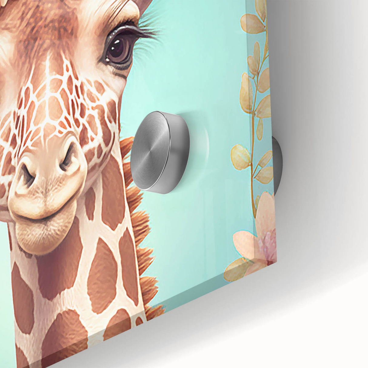 Close-up of a stunning giraffe wall art design on acrylic glass, showcasing vibrant colors and intricate details, perfect for enhancing modern home decor. This wildlife-themed artwork captures the essence of nature, making it an ideal addition to animal lovers' collections.