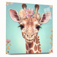 Side view of a giraffe wall art piece displayed in an acrylic frame, showcasing vibrant colors and intricate details, perfect for wildlife-themed decor.