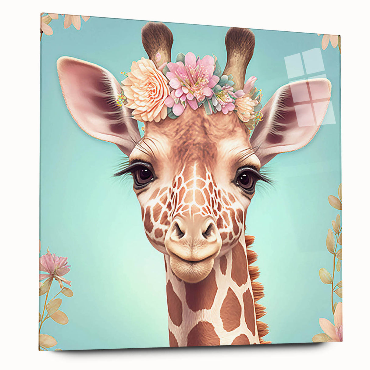 Acrylic wall art showcasing a side view of a giraffe in a vibrant natural setting, perfect for animal lovers and modern decor enthusiasts. Ideal for adding a unique touch to home interiors.