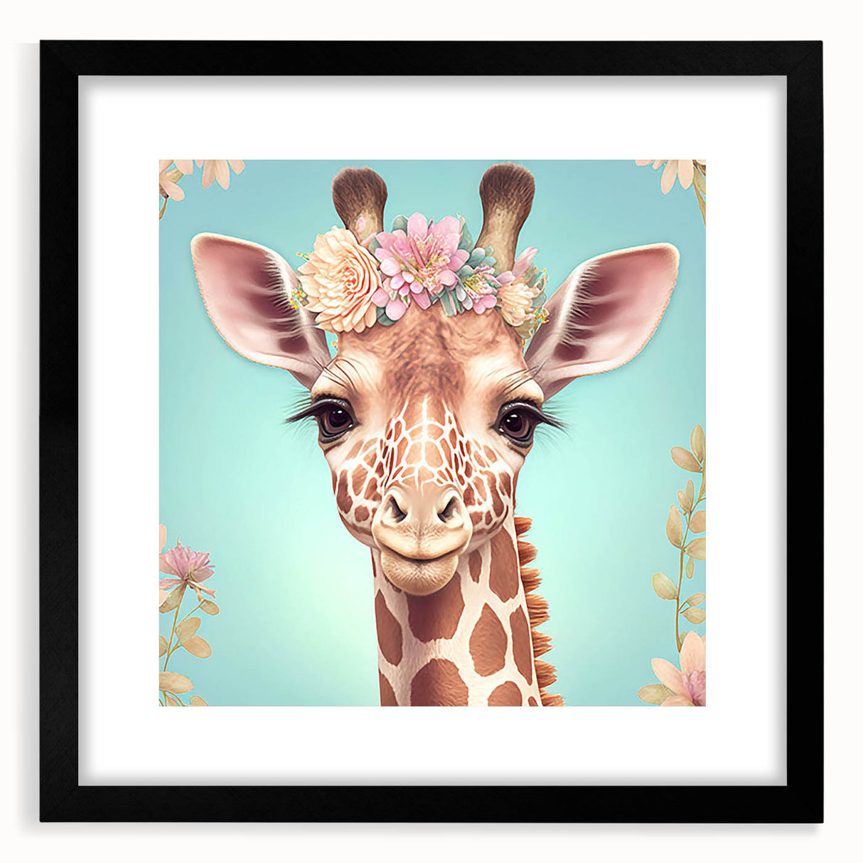 Giraffe-themed wall art featuring a striking black frame and mat, showcasing vibrant colors and intricate details, perfect for wildlife decor enthusiasts.