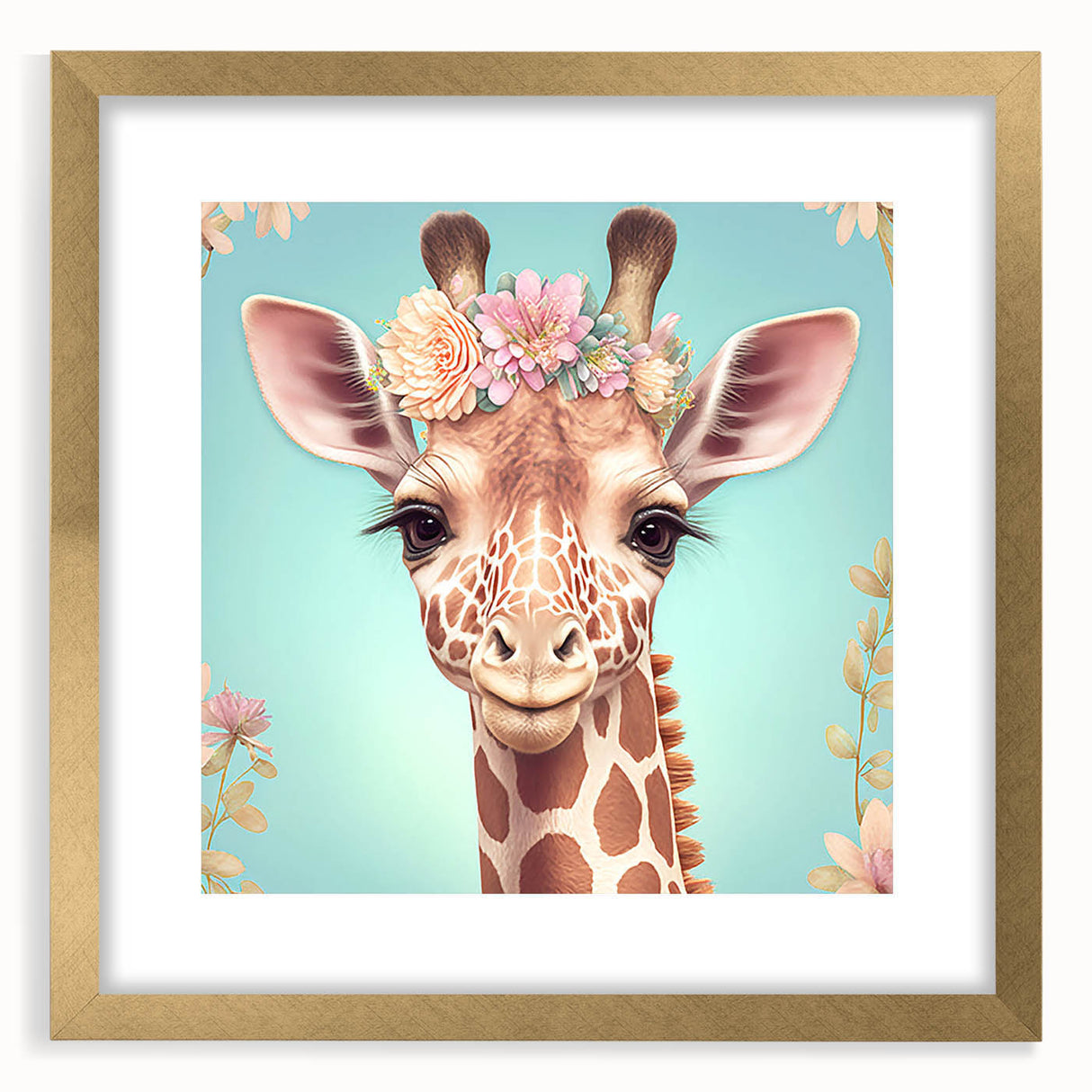 Giraffe wall art design showcasing a majestic giraffe silhouette in a gold frame with matting, perfect for adding a touch of elegance to any room.