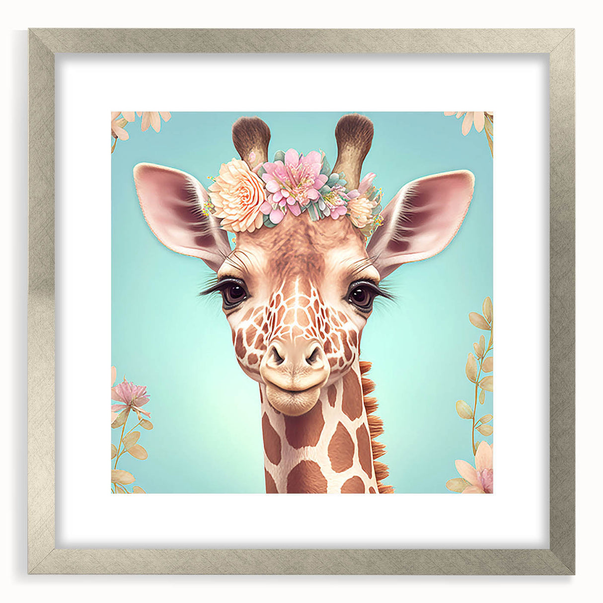 Giraffe wall art design featuring a serene African wildlife scene, framed in silver with a mat, ideal for enhancing modern interior decor.