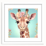 Framed wall art collection featuring a vibrant giraffe design, set against a white mat and frame, ideal for animal lovers and modern decor enthusiasts.