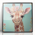 Framed wall art depicting a vibrant giraffe design against a black background, showcasing intricate details and bold colors, perfect for animal lovers' decor.