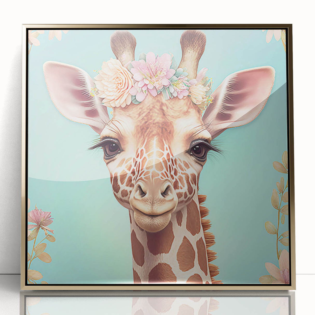 Framed wall art featuring a striking front view of a giraffe, with a gold-accented acrylic finish. Perfect for wildlife and animal lovers’ home decor.