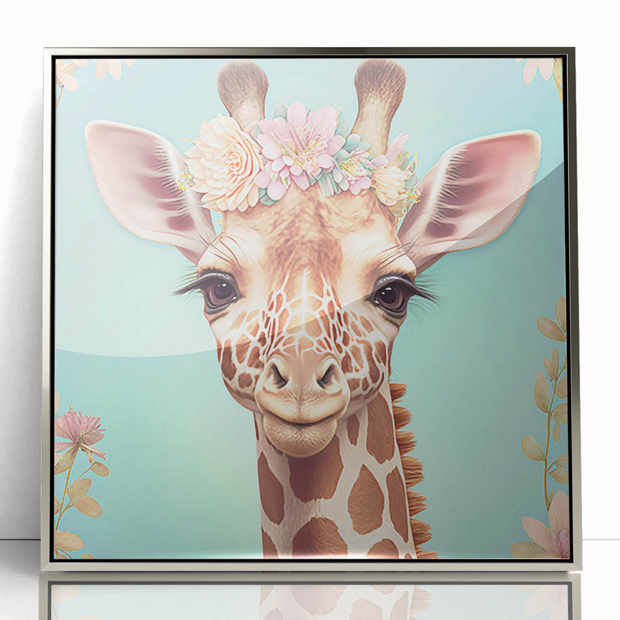 Framed acrylic wall art featuring a striking giraffe design, showcasing vibrant colors and intricate details, perfect for adding a touch of wildlife elegance to home decor.