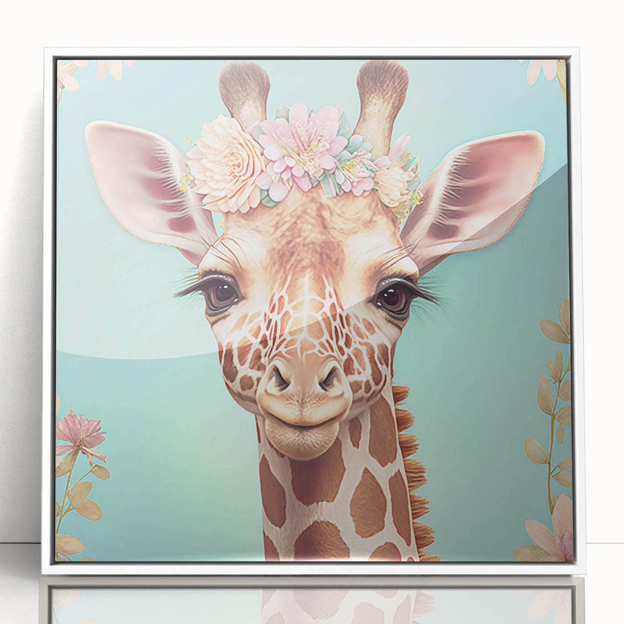 Framed acrylic wall art featuring a striking giraffe design in a modern white frame, showcasing vibrant colors and intricate details, ideal for animal lovers.