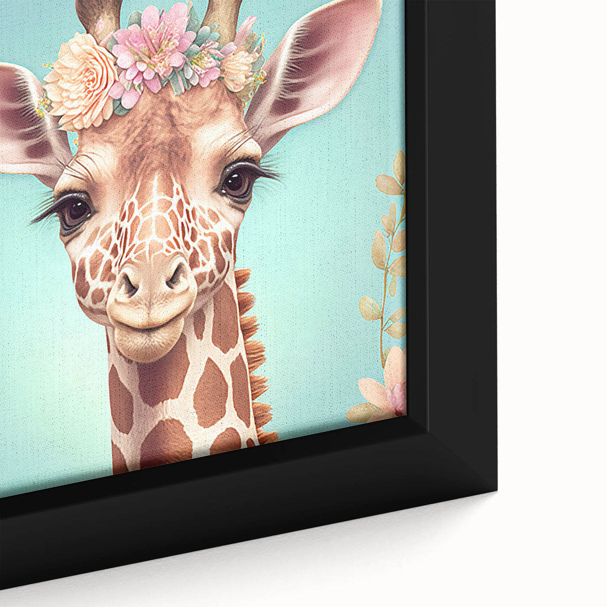 Close-up of a framed canvas depicting a vibrant giraffe design, showcasing intricate details and textures, ideal for wildlife-themed home decor or art collection.
