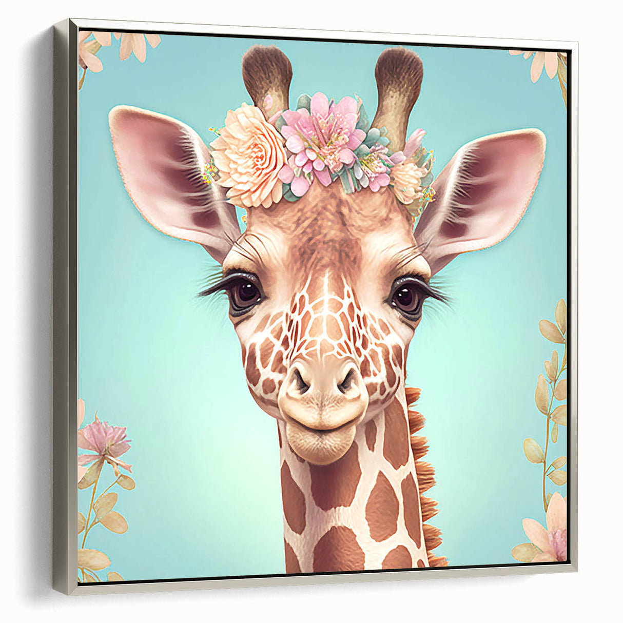 Framed wall art featuring a silver side view of a giraffe design, showcasing vibrant colors and intricate details, perfect for animal lovers and home decor enthusiasts.