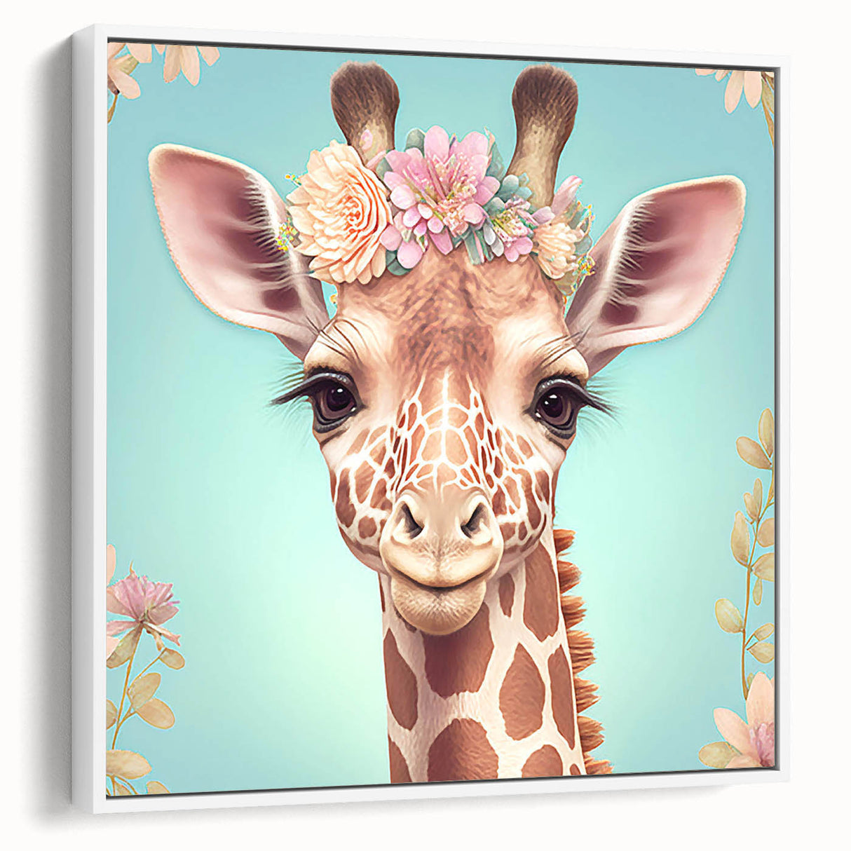 Framed wall art featuring a side view of a graceful giraffe against a white background, showcasing intricate details and vibrant colors, perfect for animal-themed decor.