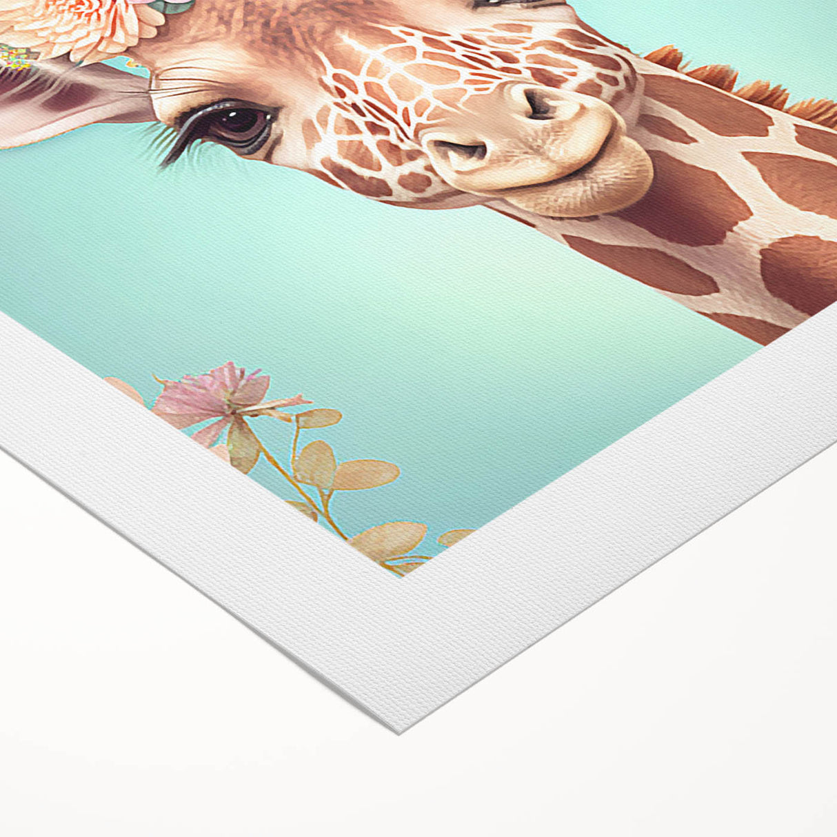 Giraffe-themed wall art design on rolled canvas, showcasing vibrant colors and intricate details, perfect for adding a touch of nature-inspired decor to any space.