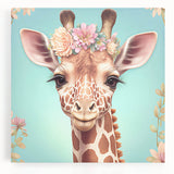 Stretched canvas wall art featuring a vibrant front view of a giraffe in a natural setting, perfect for wildlife enthusiasts and modern decor. Ideal for animal lovers.