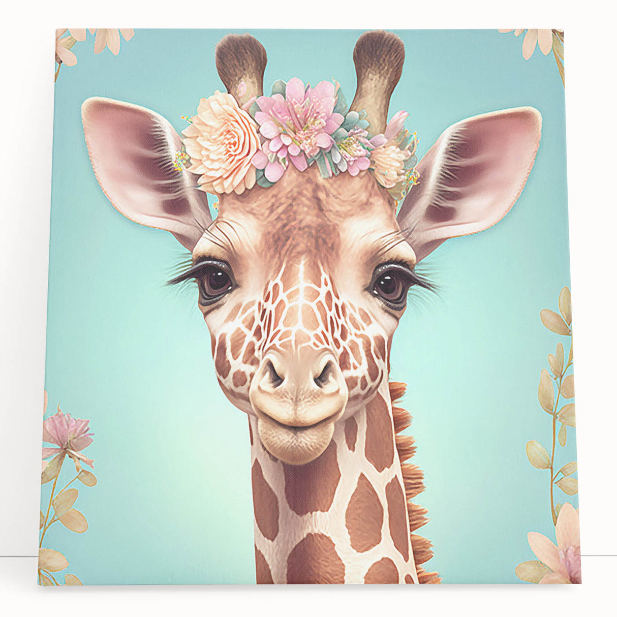 Stretched canvas wall art showcasing a vibrant, colorful giraffe design against a neutral background, perfect for adding a touch of wildlife elegance to any room decor.
