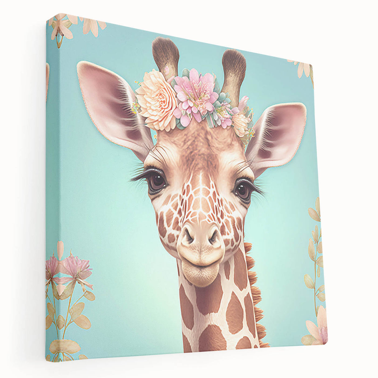 Stretched canvas wall art showcasing a side view of a giraffe in a vibrant African landscape, emphasizing intricate details and rich colors for a stunning decor piece.