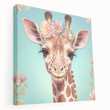 Stretched canvas wall art showcasing a side view of a giraffe in a vibrant African landscape, emphasizing intricate details and rich colors for a stunning decor piece.