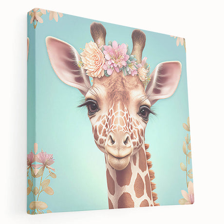 Stretched canvas wall art showcasing a side view of a giraffe in a vibrant African landscape, emphasizing intricate details and rich colors for a stunning decor piece.