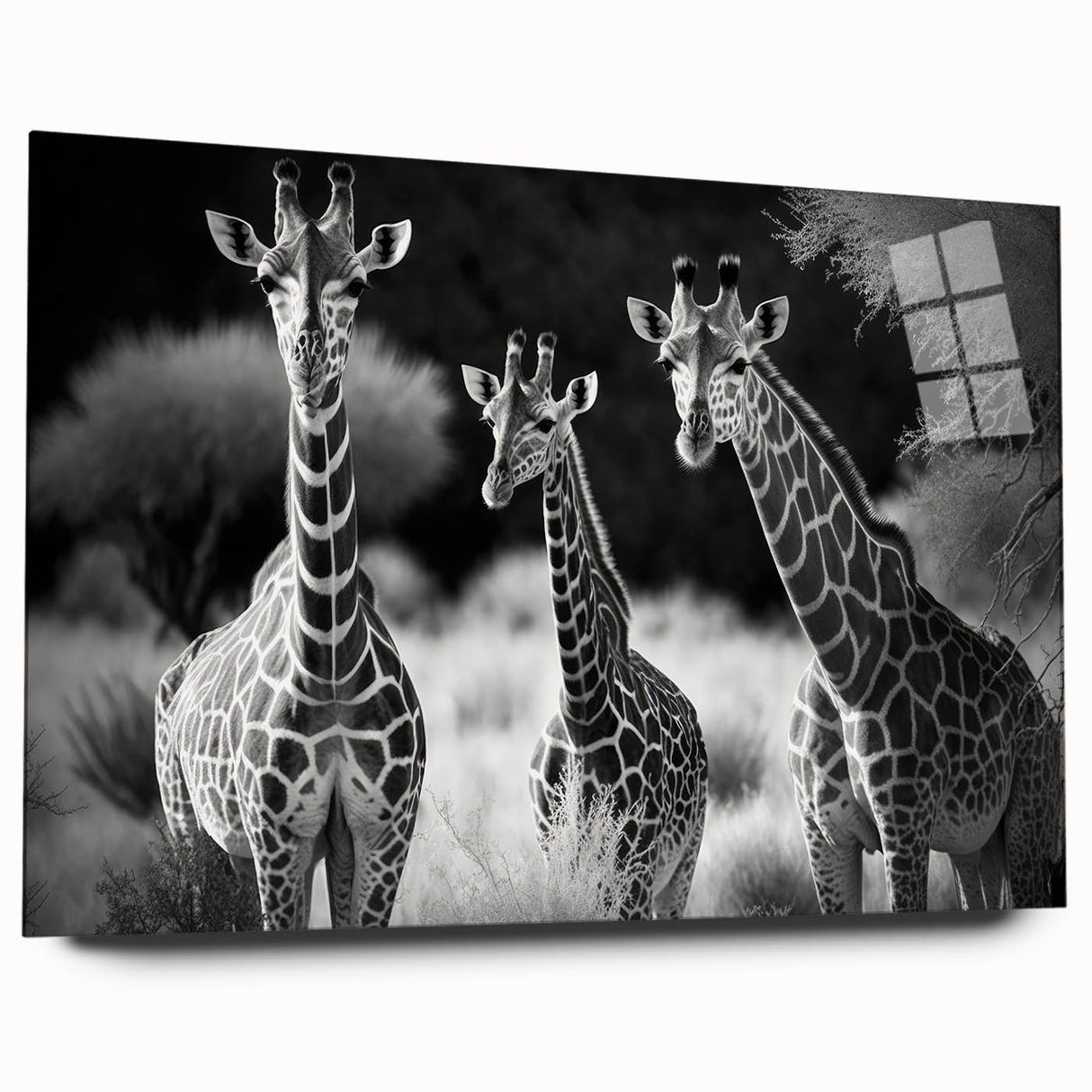 Giraffe wall art design showcased on acrylic glass, featuring a vibrant side view of a giraffe in a natural habitat, ideal for wildlife enthusiasts and home decor.