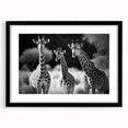 Giraffe-themed wall art print featuring a striking design with vibrant colors, framed in black with a mat. Perfect for animal lovers and modern decor.