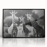 Framed wall art featuring a vibrant giraffe design in a black frame, showcasing intricate details and colors, perfect for wildlife enthusiasts and home decor.