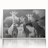 Framed wall art featuring a vibrant giraffe design in a colorful, abstract style, showcasing a white frame and acrylic finish, ideal for animal lovers and home decor enthusiasts.