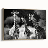Framed canvas wall art showcasing a stunning side view of a giraffe against a gold background, perfect for enhancing modern home decor with wildlife elegance.