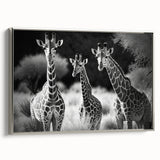 Framed wall art featuring a side view of a giraffe in a sleek silver frame, showcasing intricate details and vibrant colors, perfect for wildlife enthusiasts and modern decor.