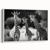 Framed wall art featuring a side view of a giraffe in a minimalist design, showcasing its unique patterns and colors on a white background, perfect for wildlife enthusiasts.
