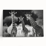 Vibrant giraffe wall art design on stretched canvas, showcasing intricate patterns and earthy tones, perfect for animal lovers and home decor enthusiasts.