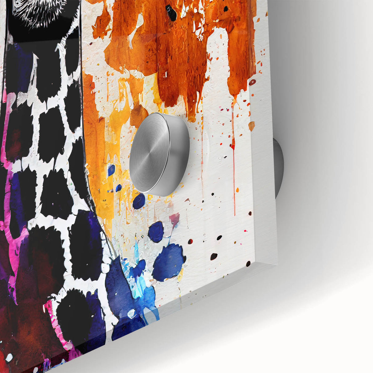 Close-up of a vibrant acrylic wall art piece showcasing a majestic giraffe against a colorful wildlife backdrop, perfect for animal lovers and home decor enthusiasts.
