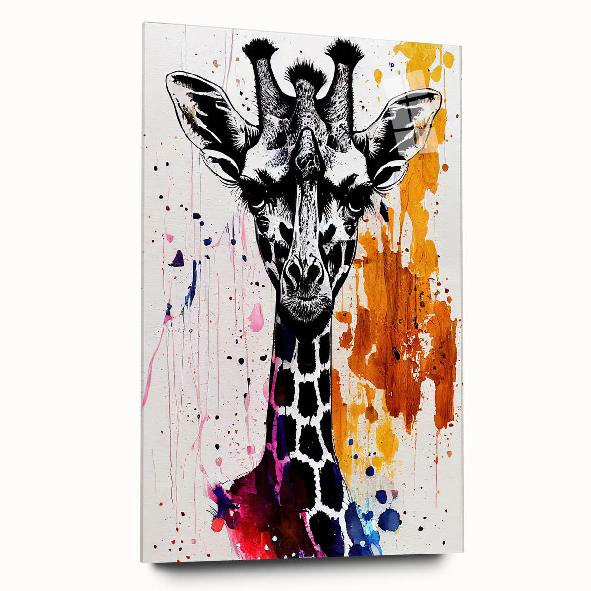 Acrylic glass wall art showcasing a side view of a majestic giraffe, highlighting its intricate patterns and vibrant colors, perfect for wildlife-themed decor.